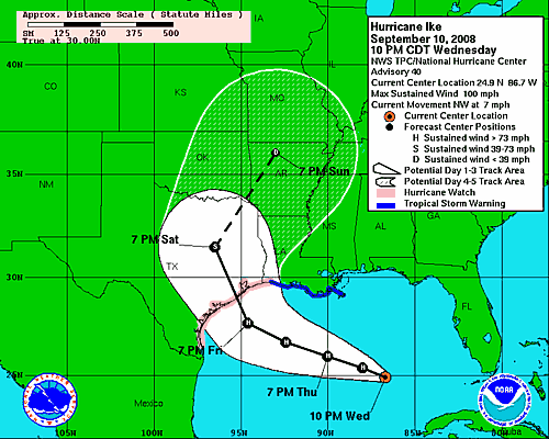 NHC 10pm forecast for Ike on 09/10/2008