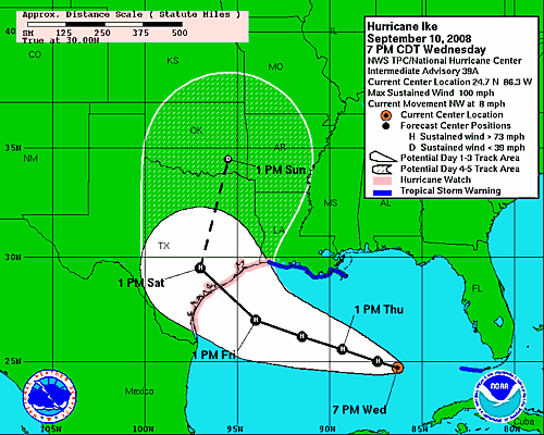 Hurricane Ike forecast 7pm 09/10/2008