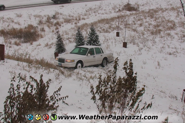 Winter storm stock footage, car in a ditch.